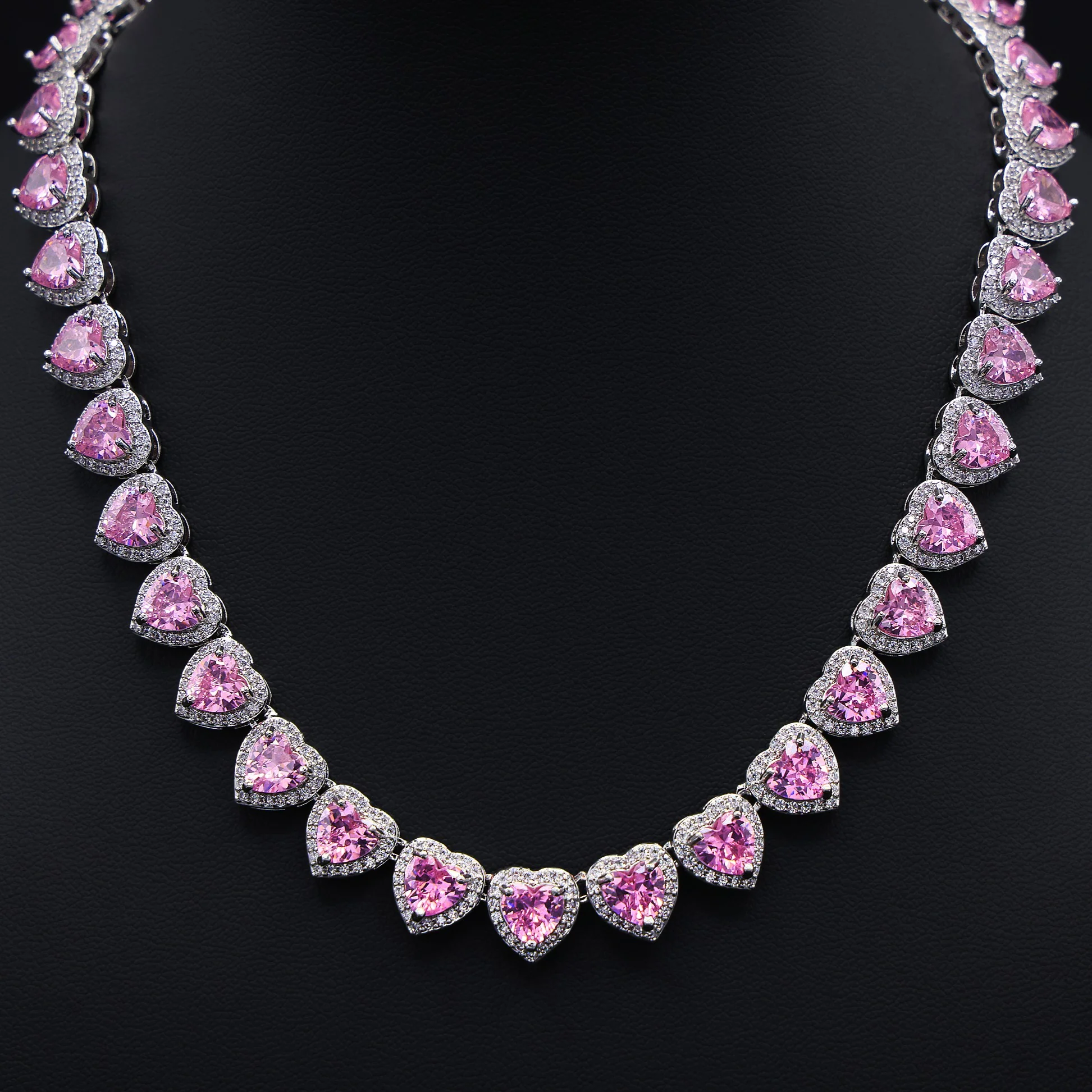 Pink Heart Diamond Clustered Tennis Necklace - White Gold - Image 3
