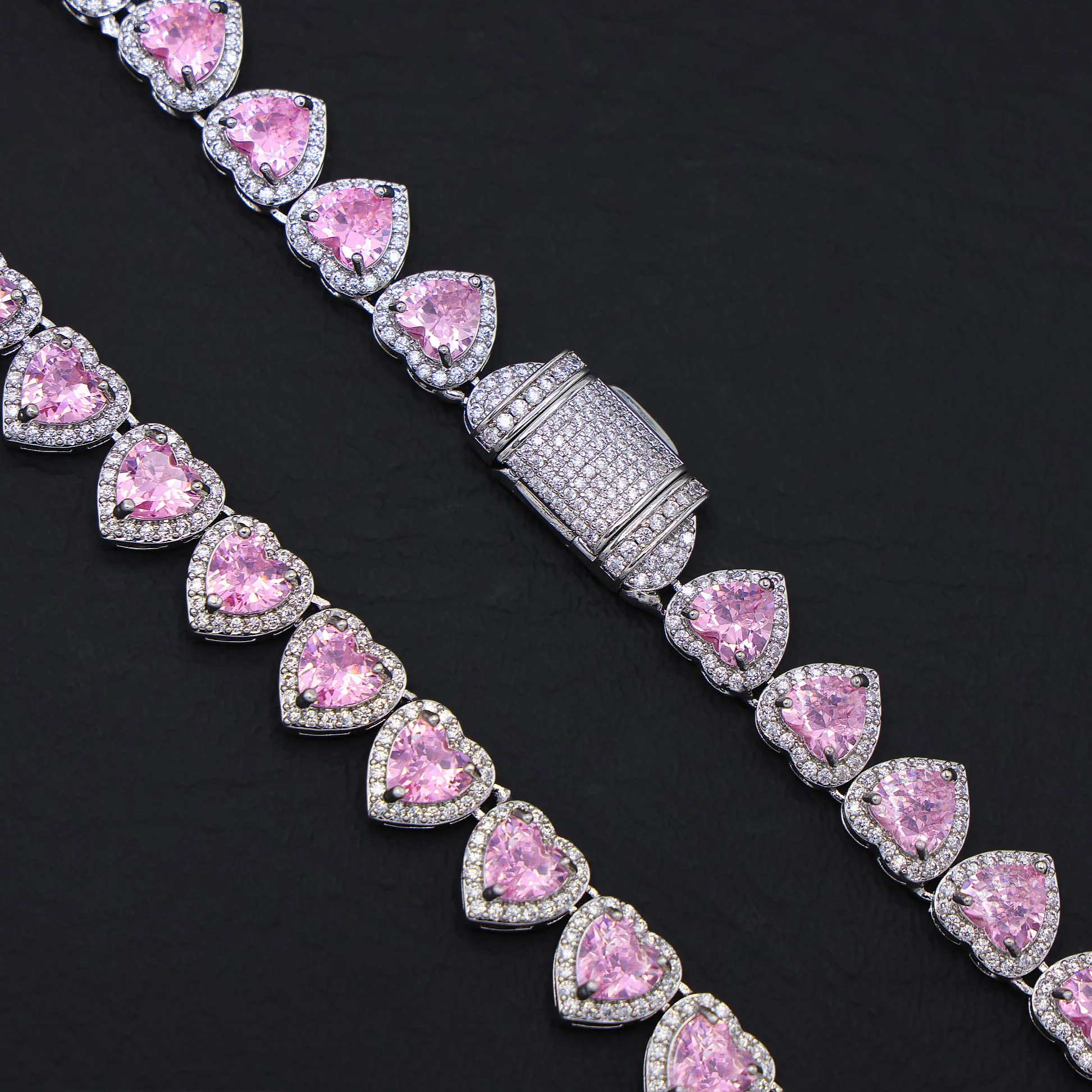 Pink Heart Diamond Clustered Tennis Necklace - White Gold - Image 4