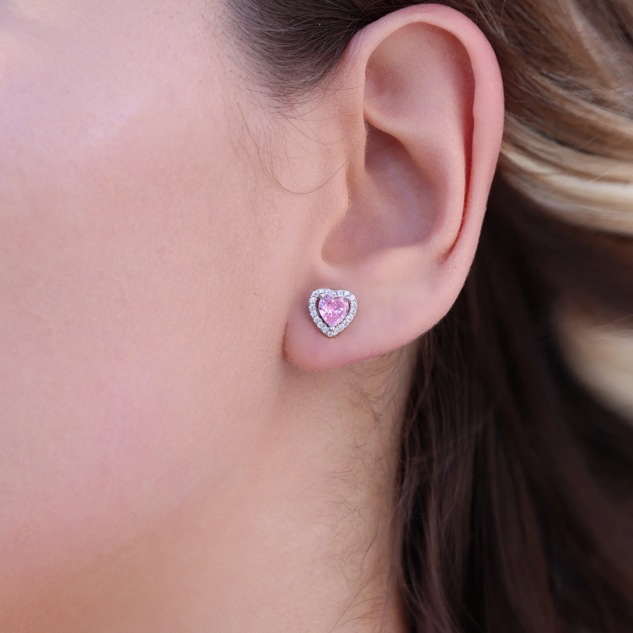 Pink Heart Halo Stud Earrings - 925 Silver - Image 3