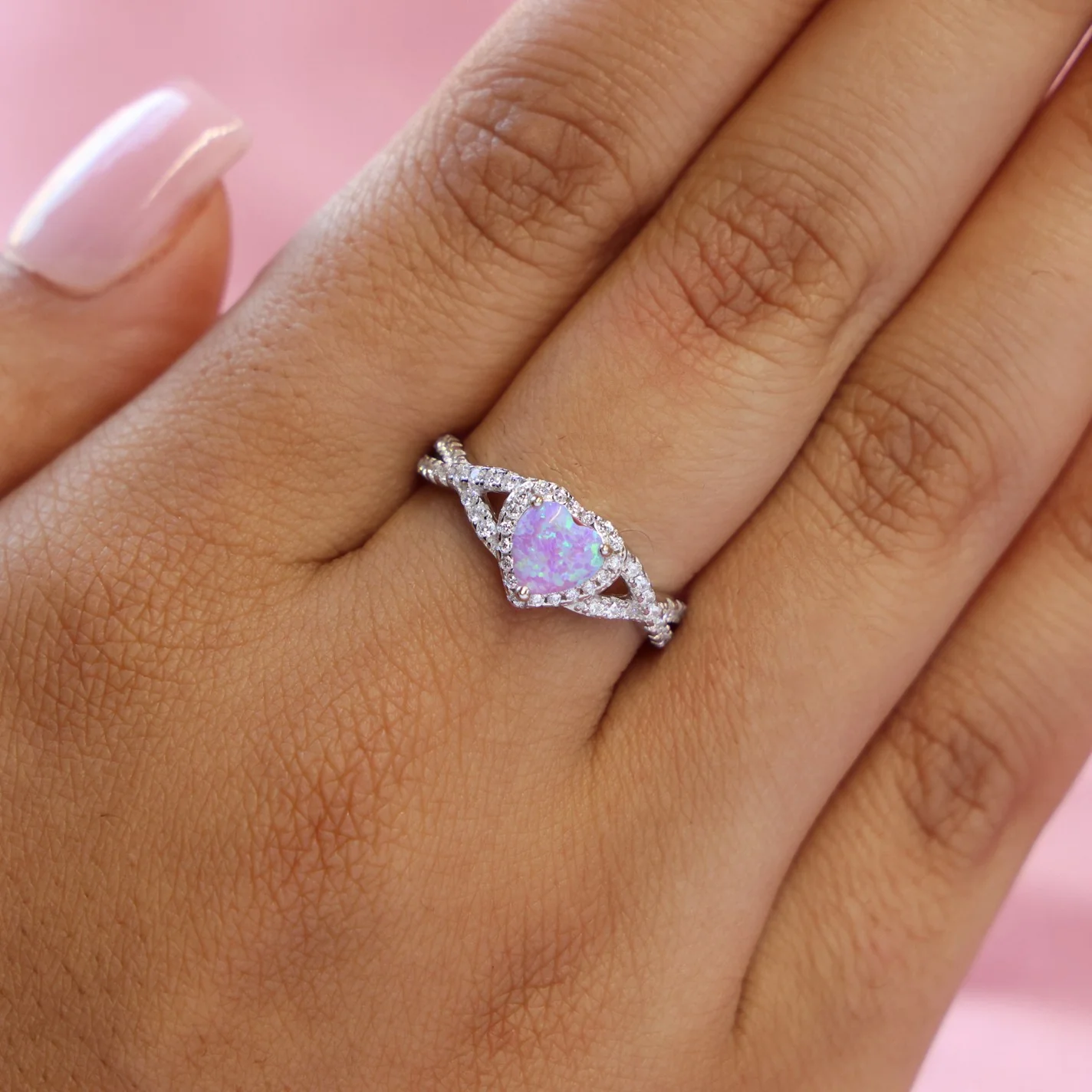 Pink Lab Opal Heart Infinity Diamond Ring - 925 Silver - Image 2