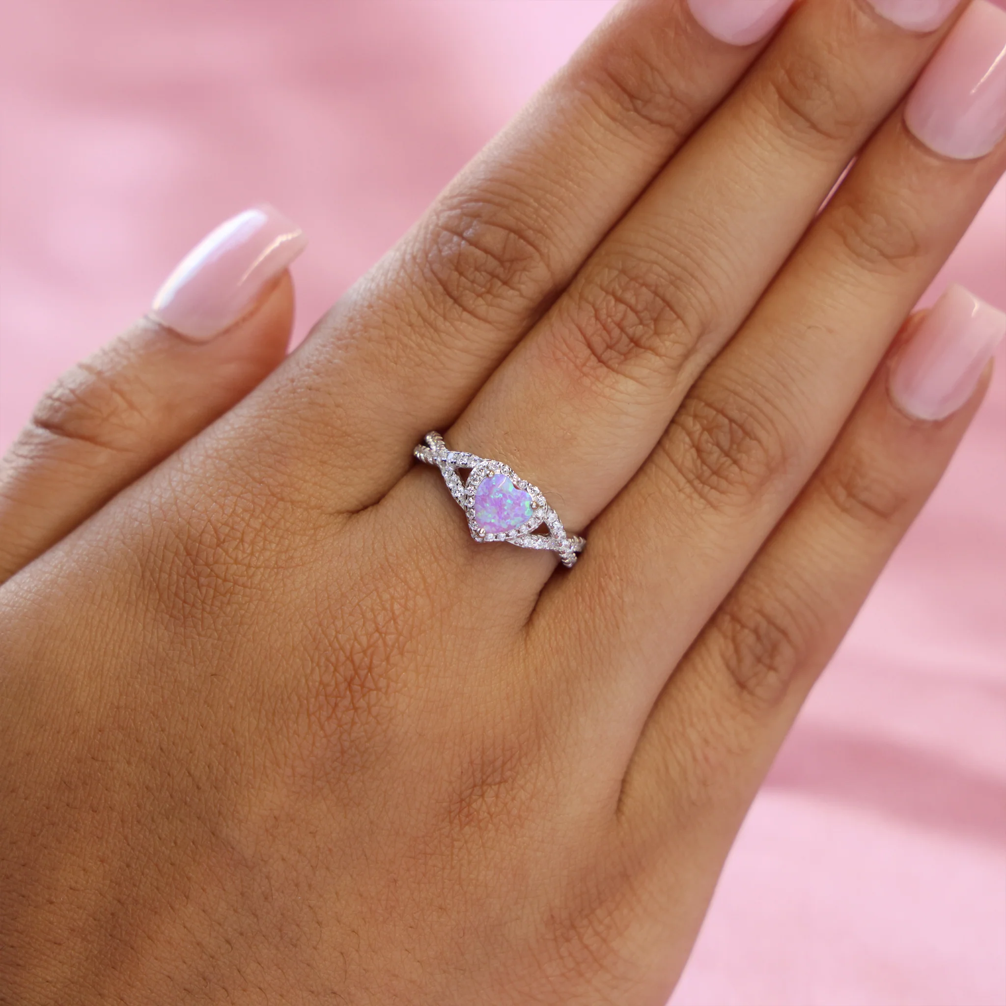 Pink Lab Opal Heart Infinity Diamond Ring - 925 Silver - Image 3