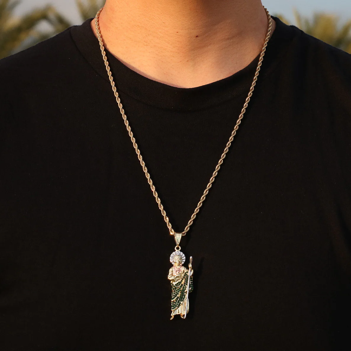 San Judas 3-Tone with Green Stones Pendant - Gold - Image 4