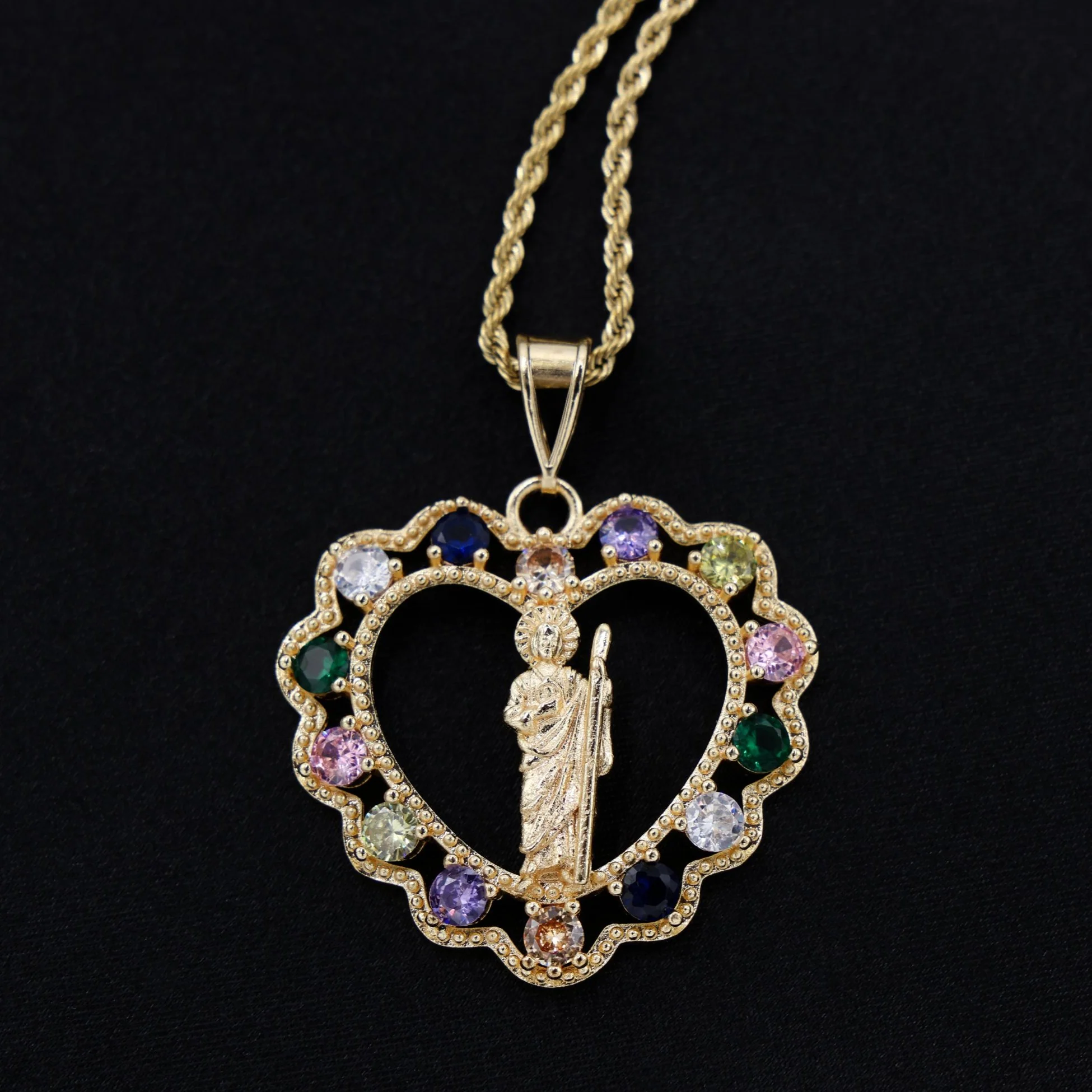 San Judas Multi Color CZ Heart Necklace - Gold - Image 2