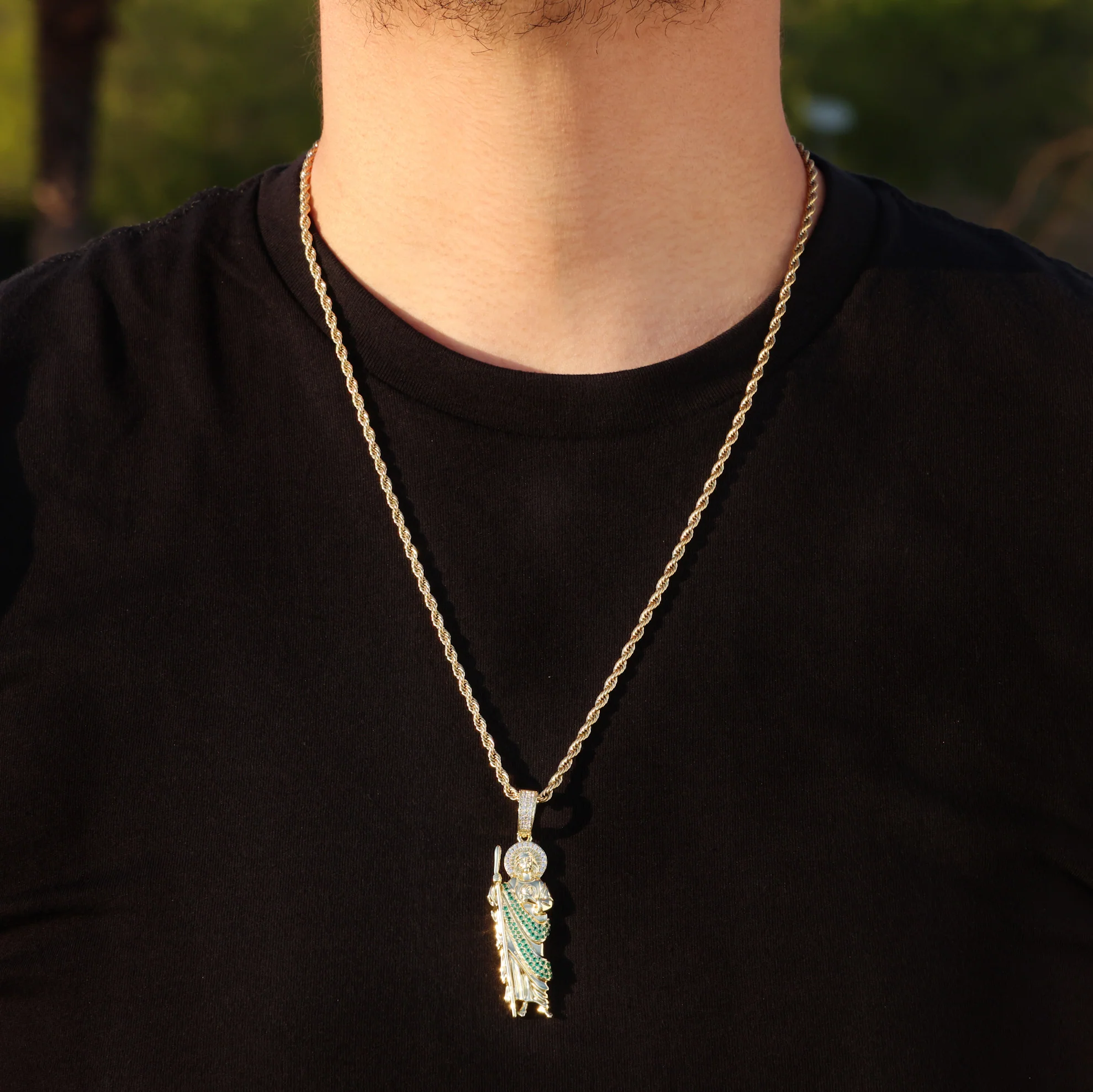 Iced San Judas with Green Diamonds Pendant - Gold - Image 3