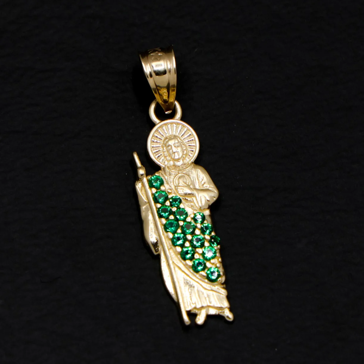 Small Green Iced San Judas Pendant - 14k Gold - Image 2