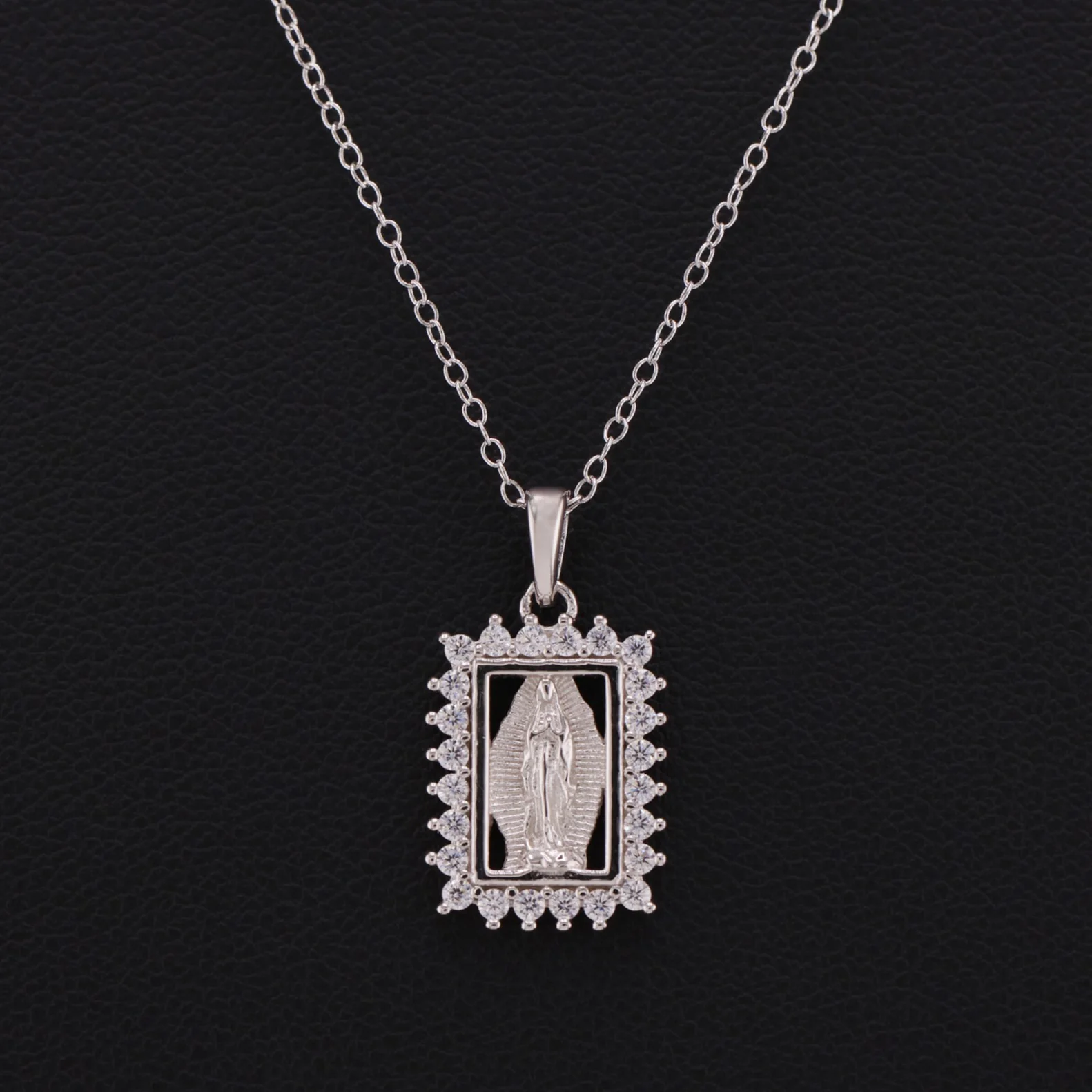 Small Iced Virgin Mary Frame Necklace - 925 Silver