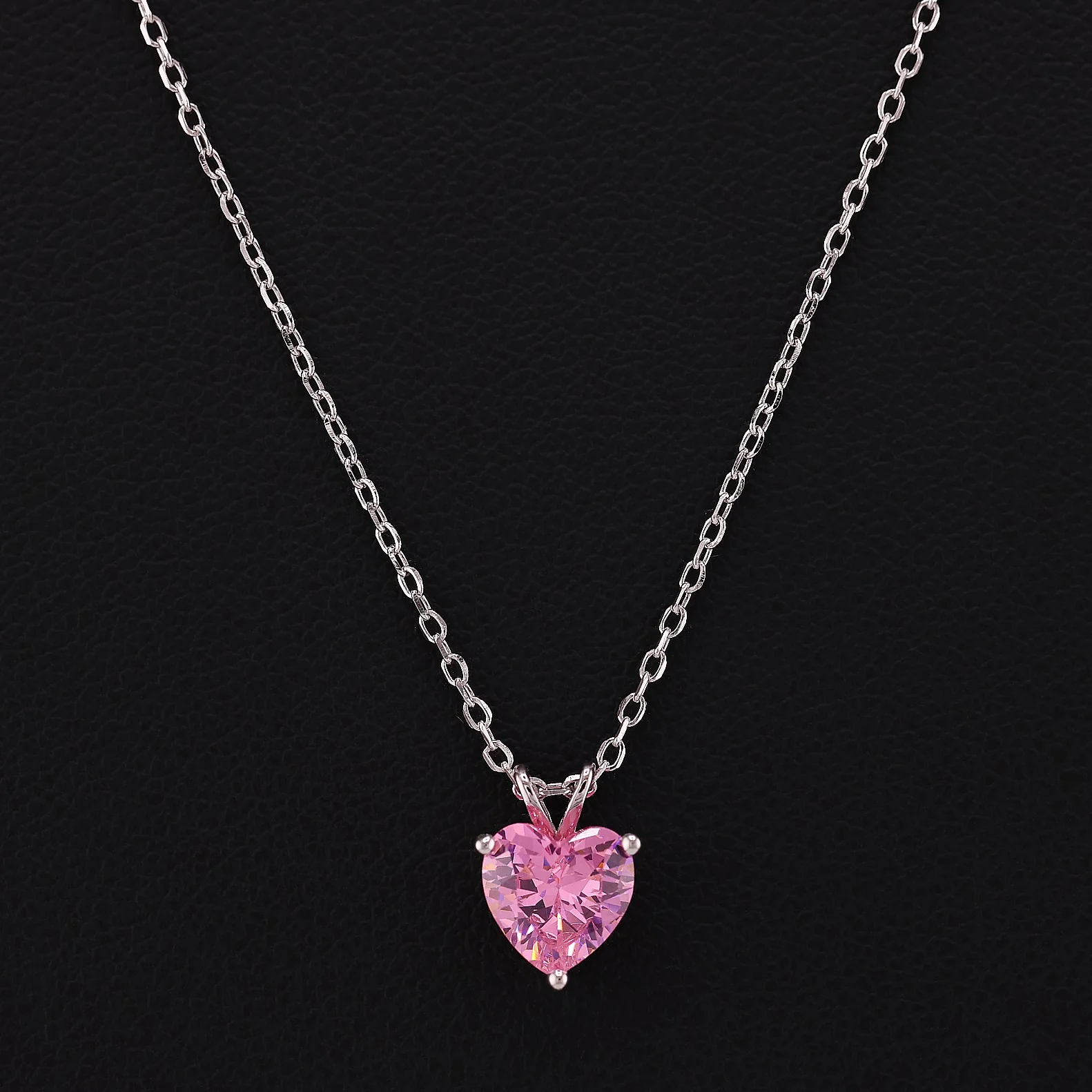 Small Pink Heart CZ Necklace - 925 Silver