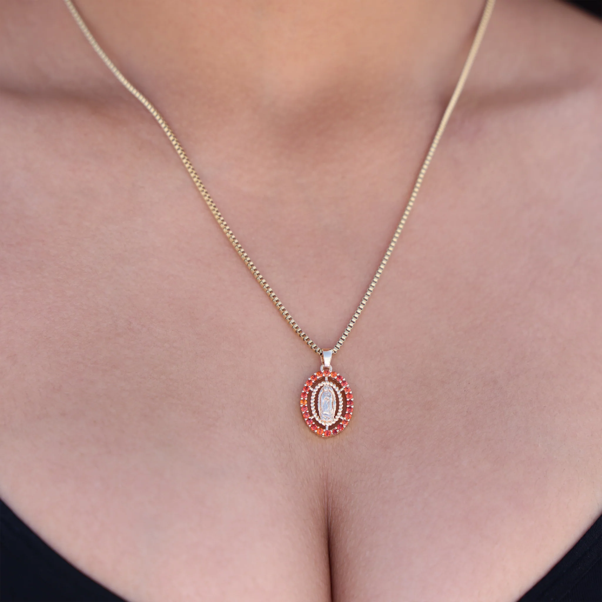 Small Virgin Mary Oval Red CZ Necklace - Gold - Image 2