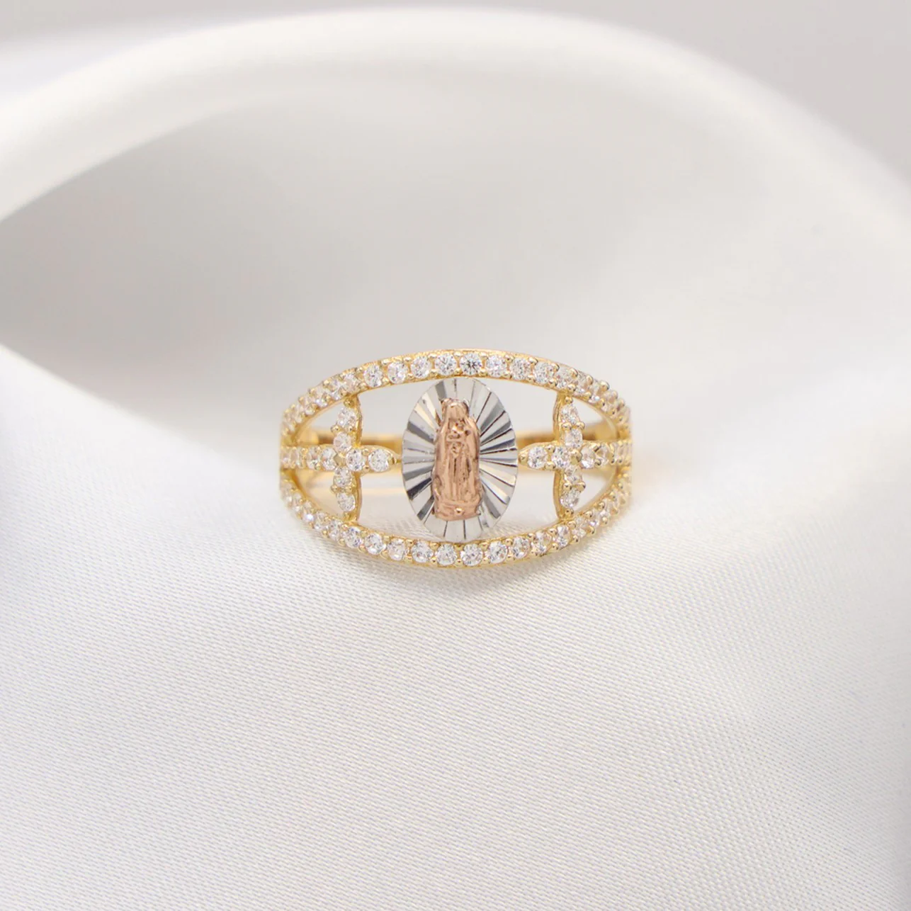 Virgin Mary 3-Tone Cross Ring - 14k Gold