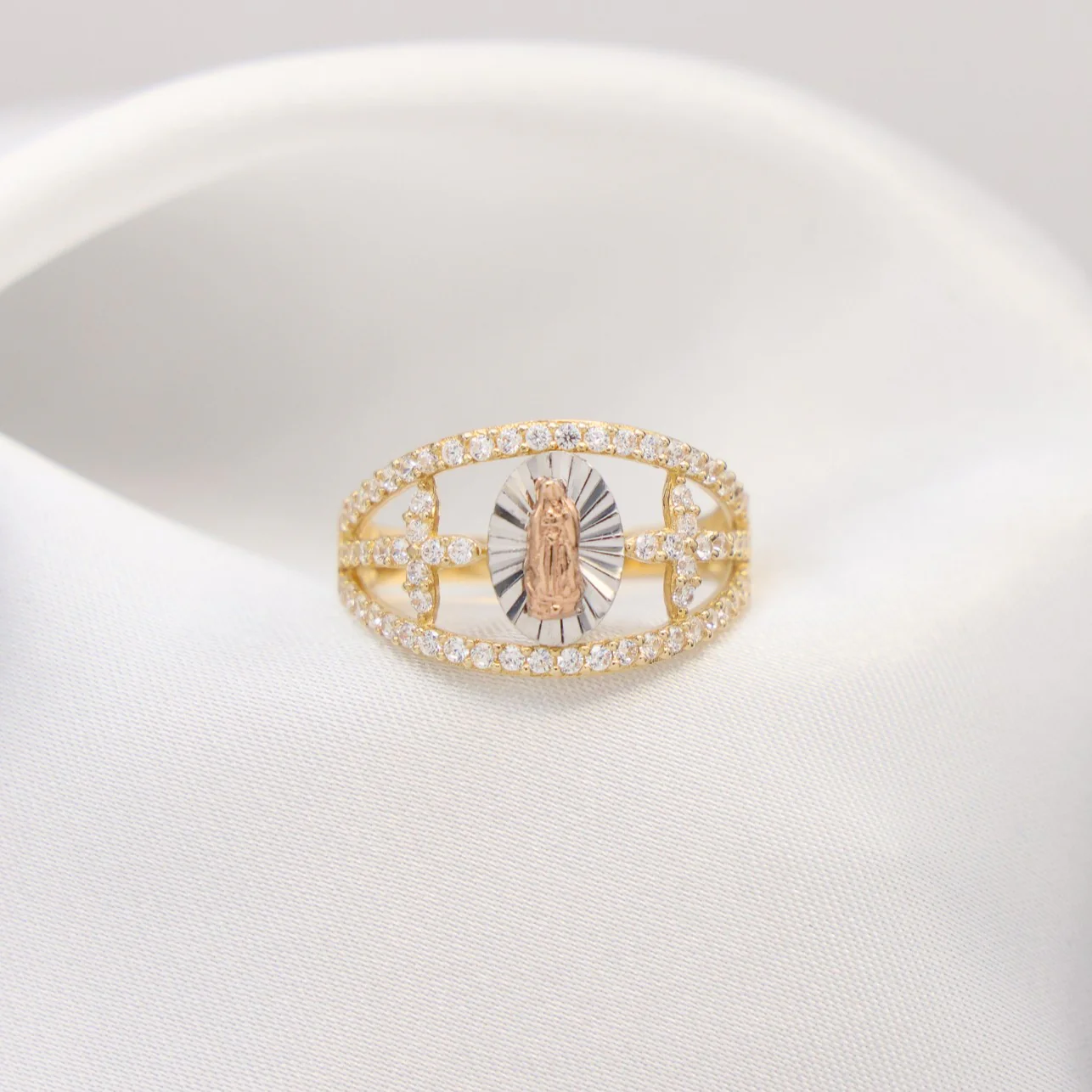 Virgin Mary 3-Tone Cross Ring - 14k Gold - Image 4