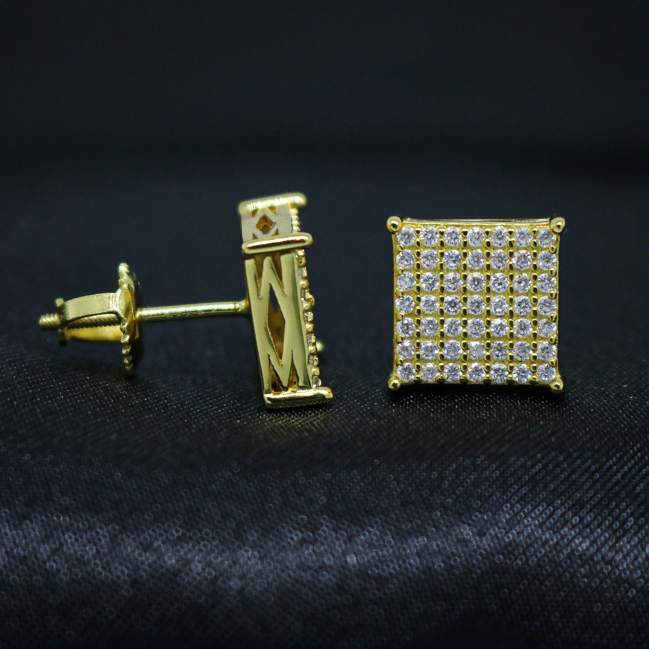 VVS Moissanite 9mm Iced Square Stud Earrings - Gold over 925 Silver - Image 3