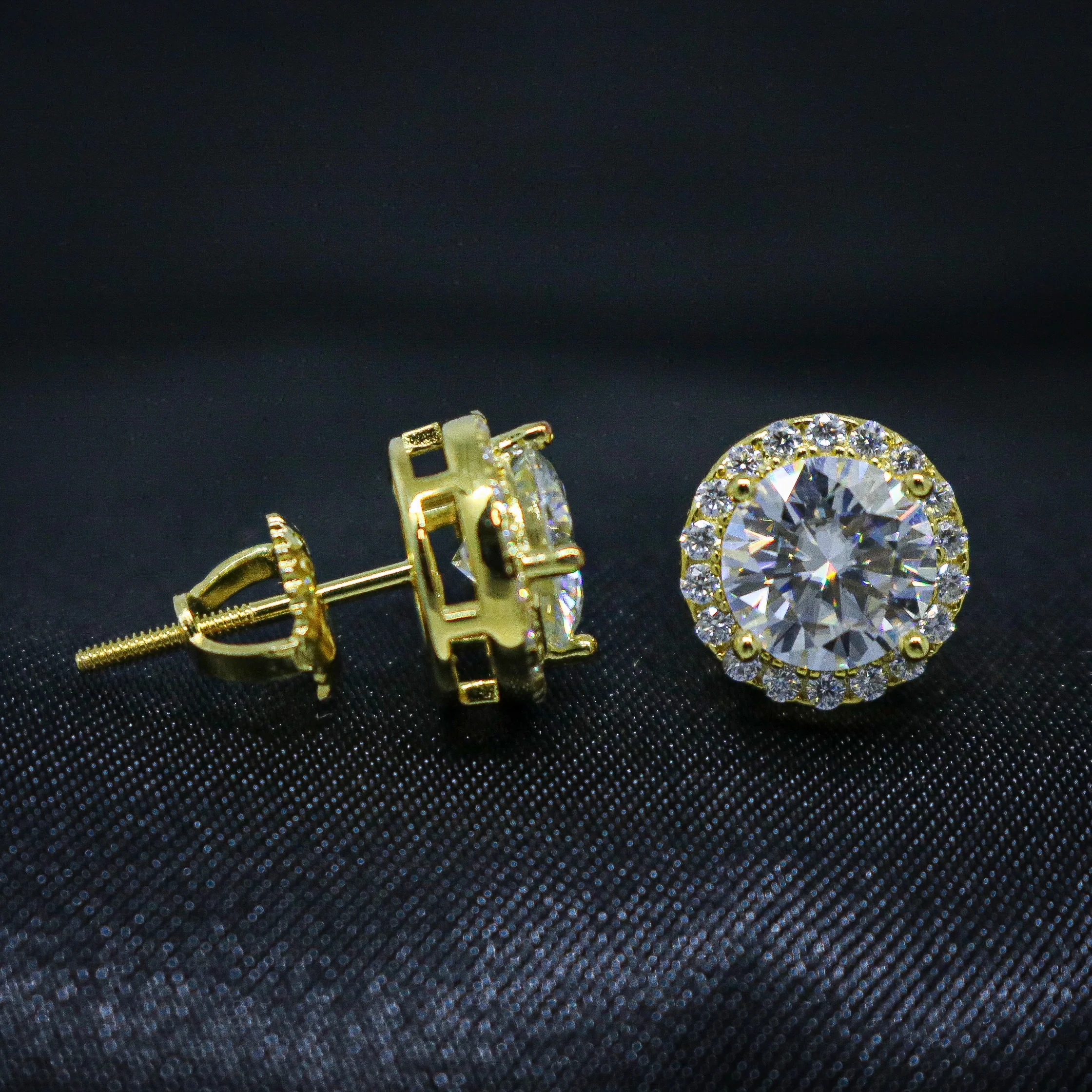 VVS Moissanite Halo 9mm Round Cut Stud Earrings - Gold over 925 Silver - Image 3