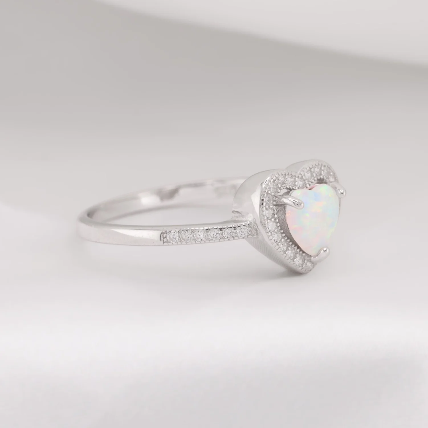 White Lab Opal Heart Diamond Ring - 925 Silver - Image 2