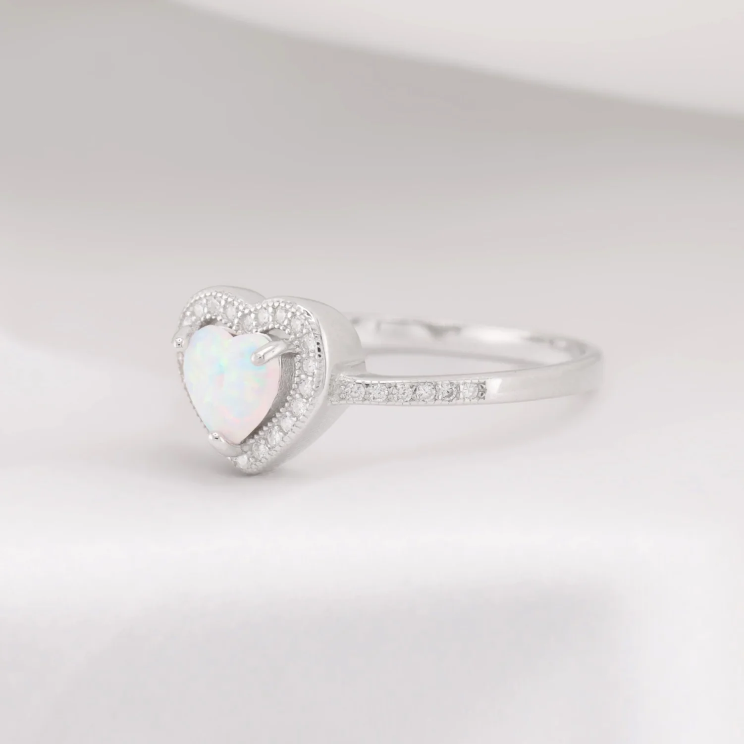 White Lab Opal Heart Diamond Ring - 925 Silver - Image 3