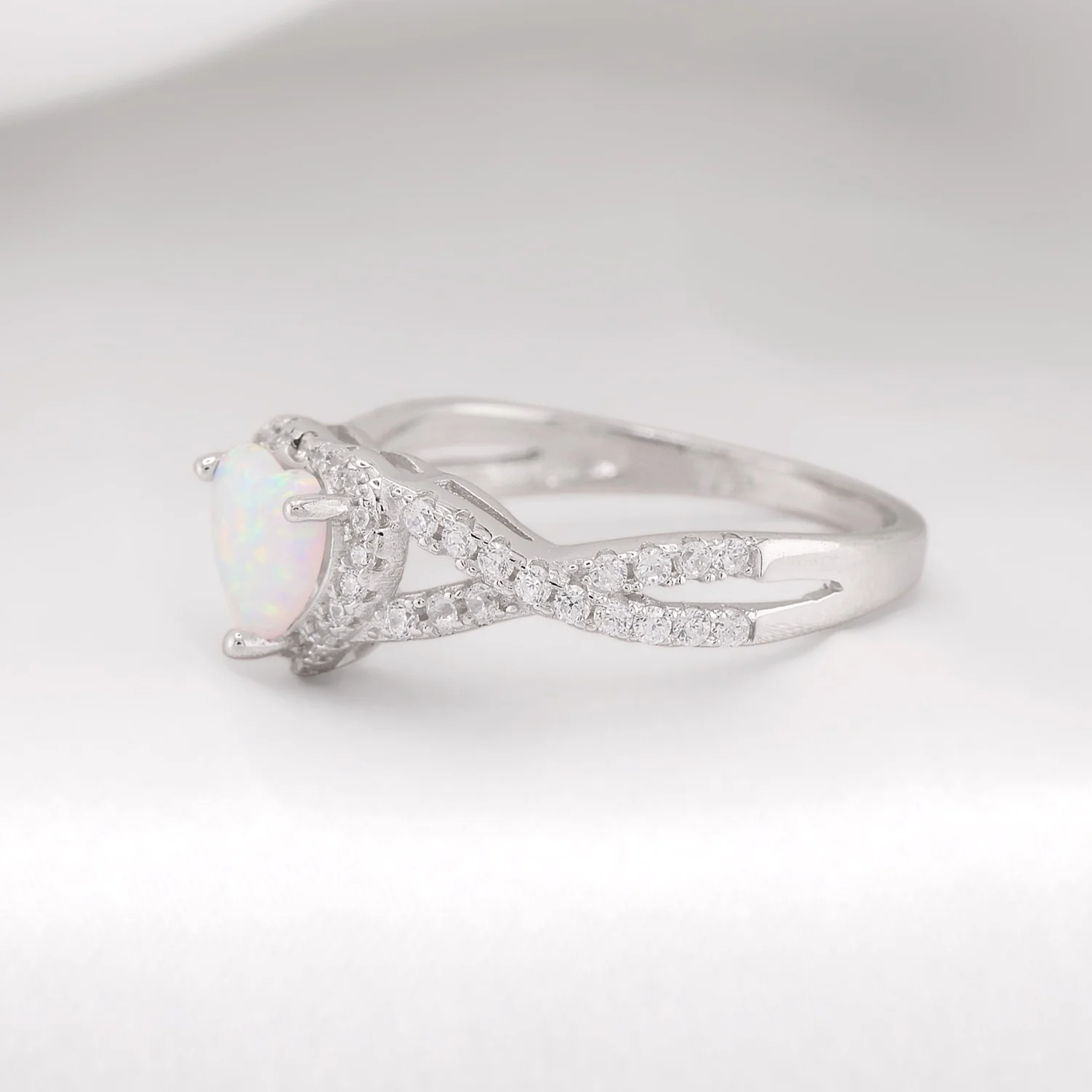 White Lab Opal Heart Infinity Diamond Ring - 925 Silver - Image 3