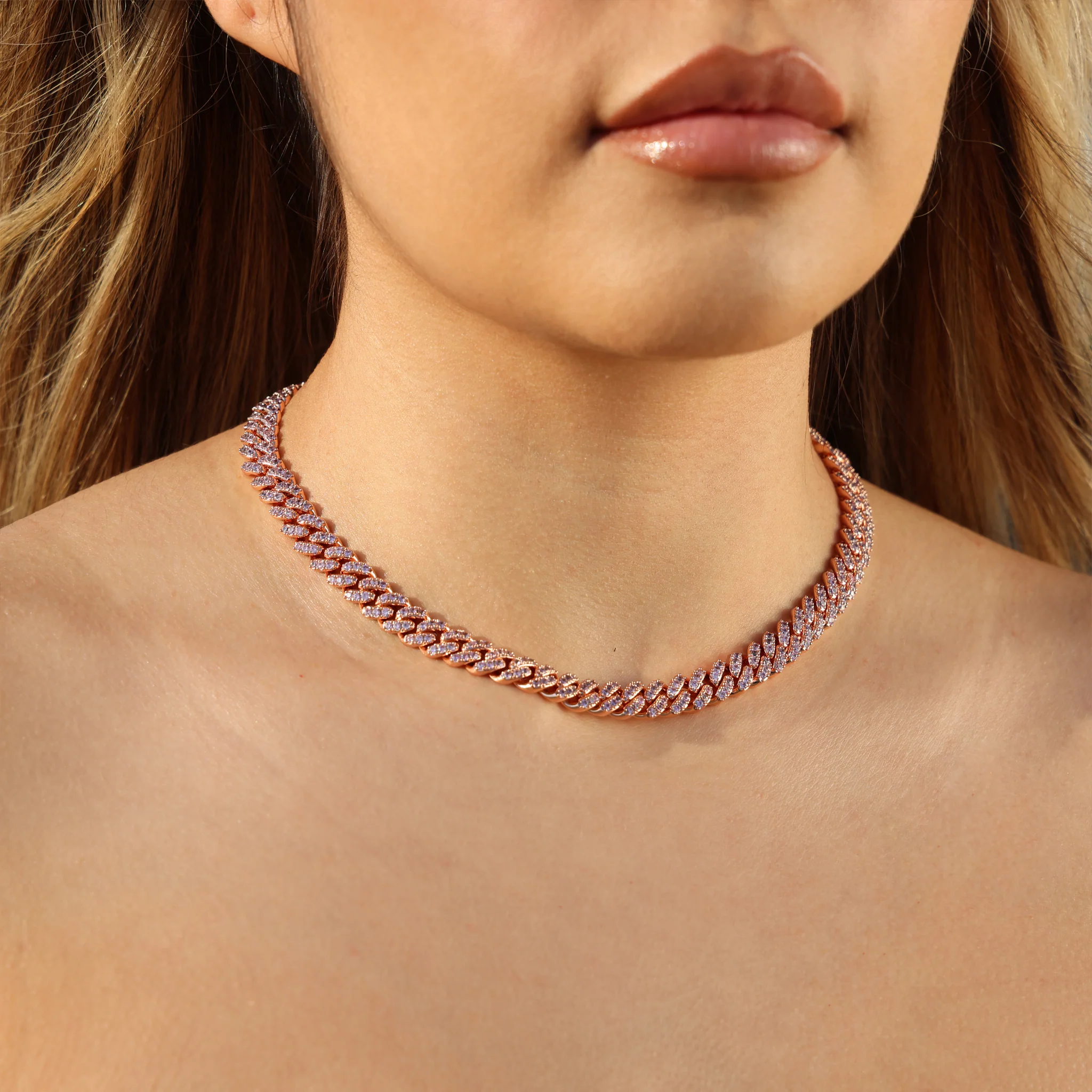 8mm Pink Iced out Cuban Necklace - Rose Gold - Image 2