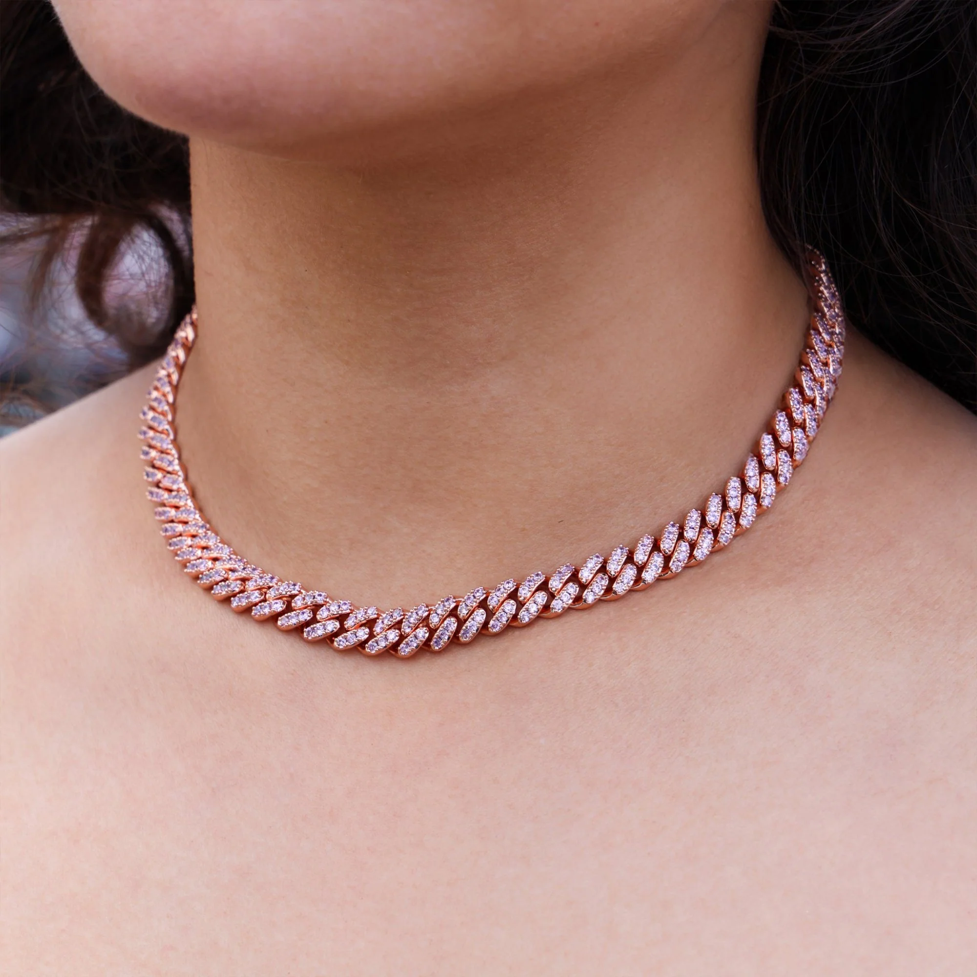 8mm Pink Iced out Cuban Necklace - Rose Gold - Image 3