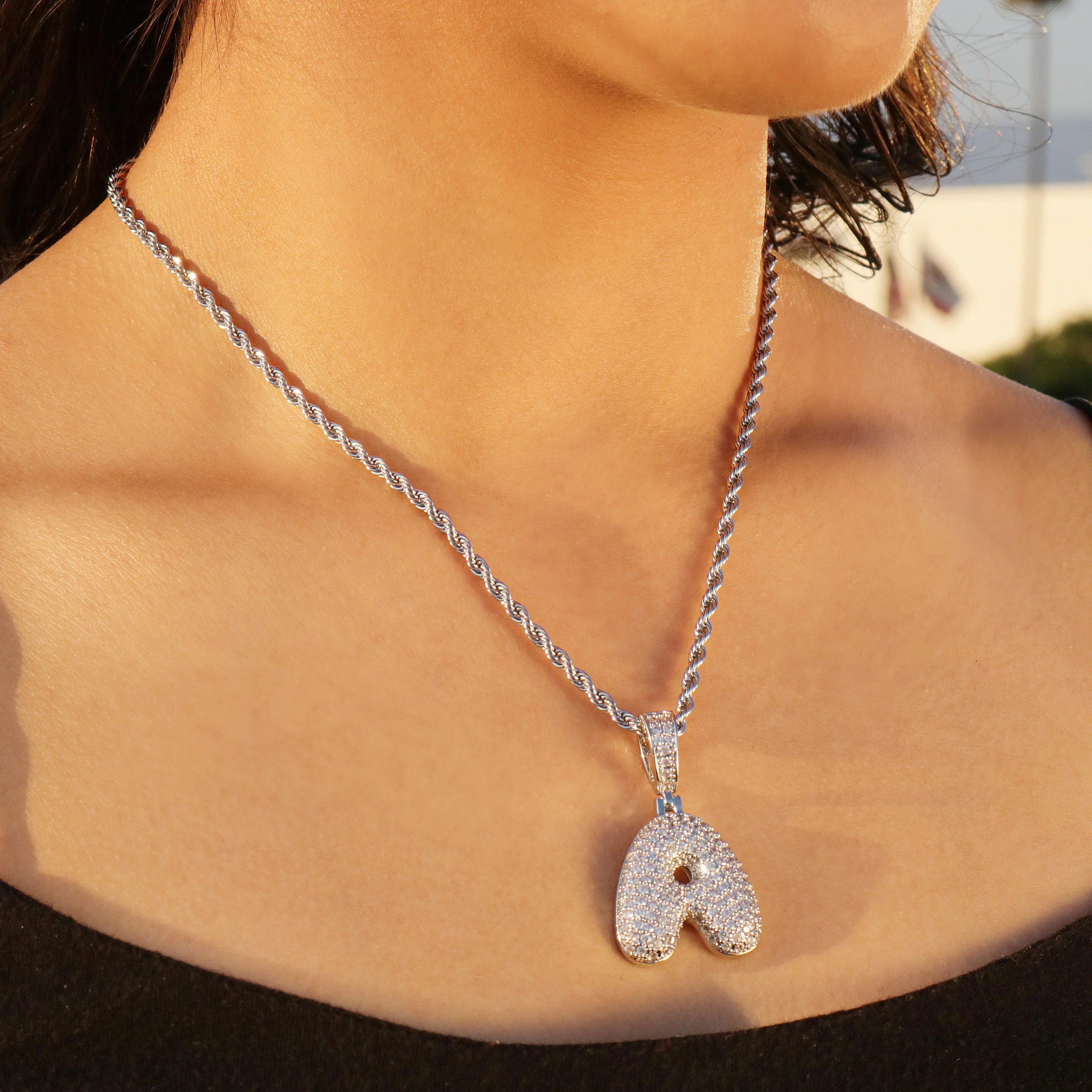 Iced out bubble initial letter (A-Z) Pendant - White Gold - Image 3