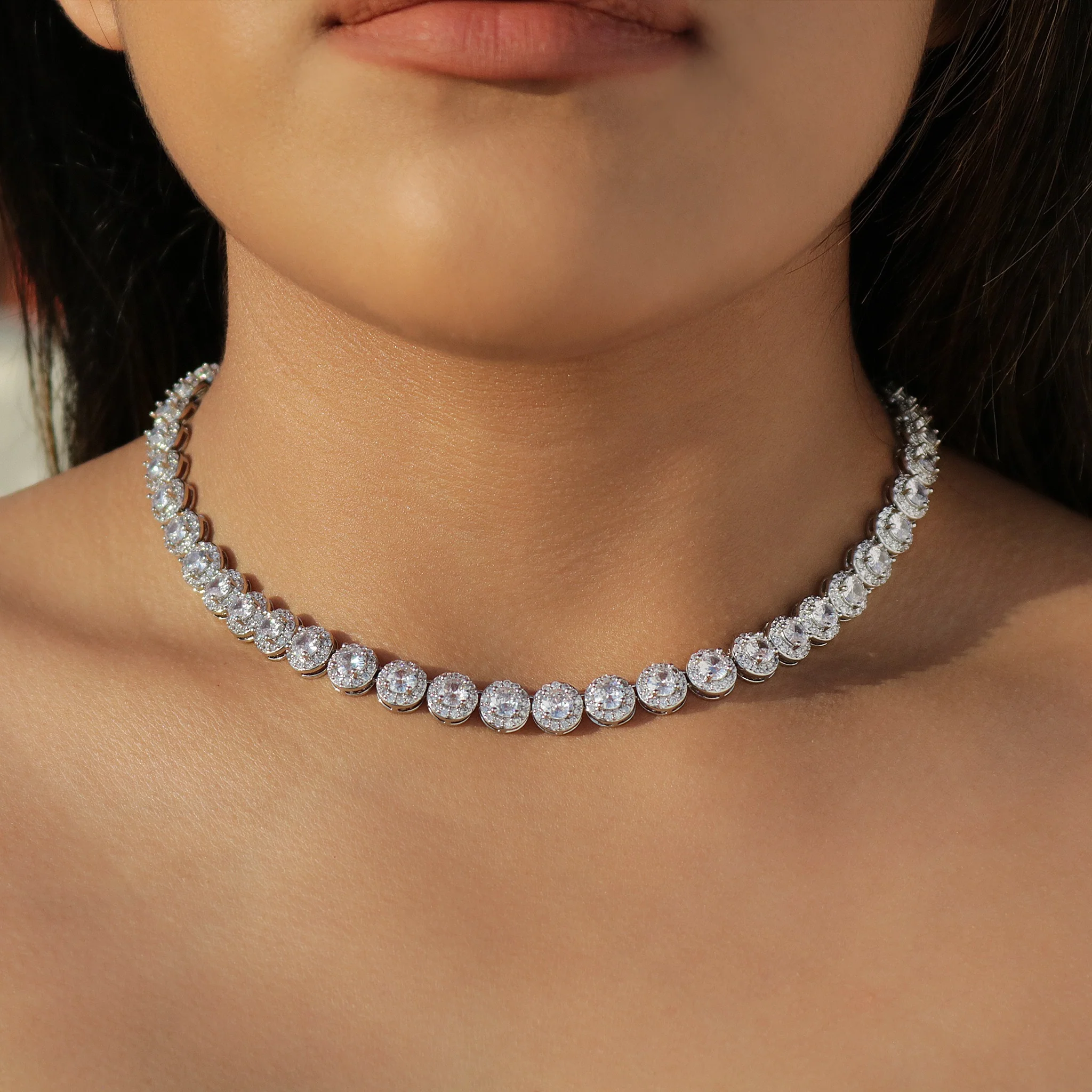 8mm Round Clustered Tennis Necklace - White Gold - Image 3