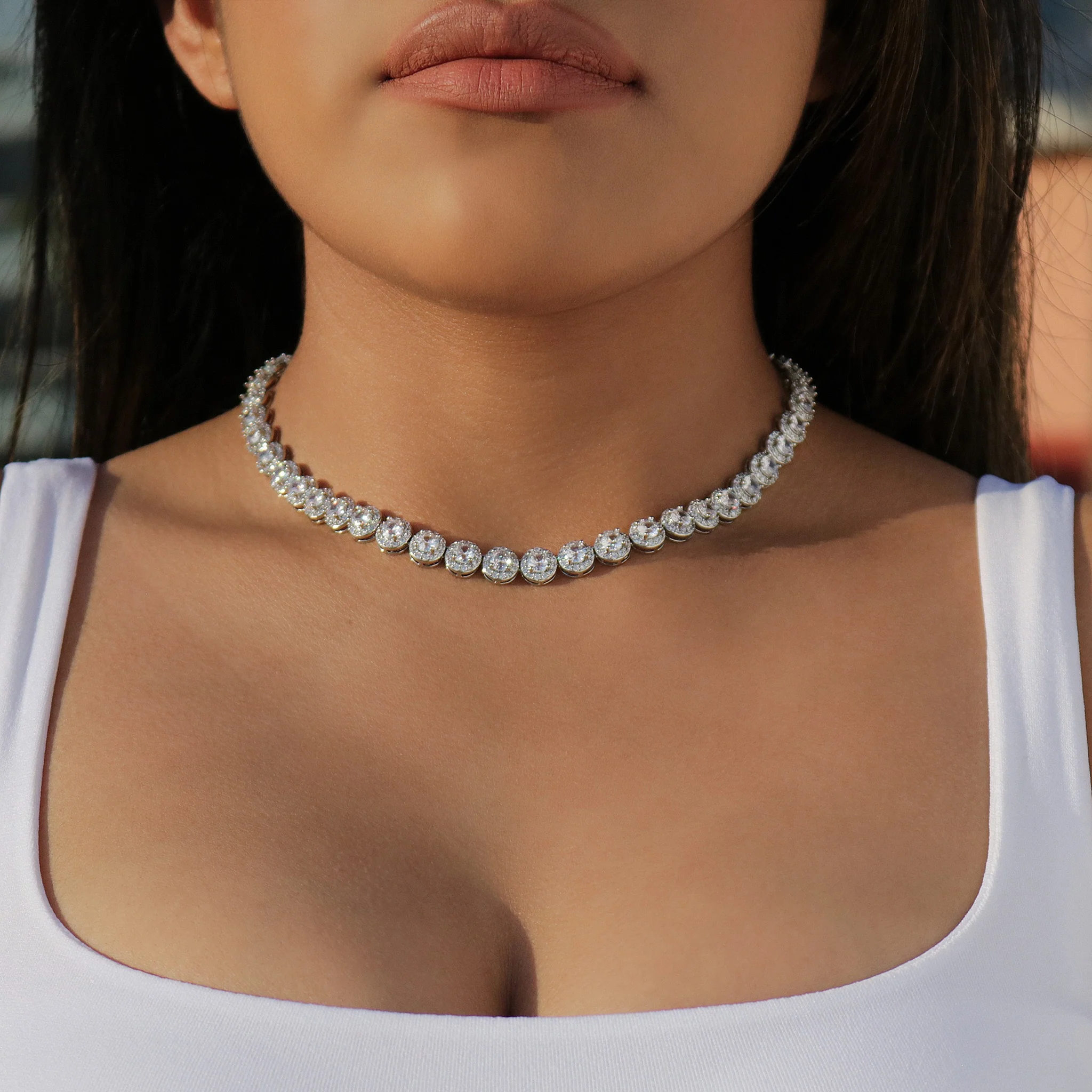 8mm Round Clustered Tennis Necklace - White Gold - Image 4