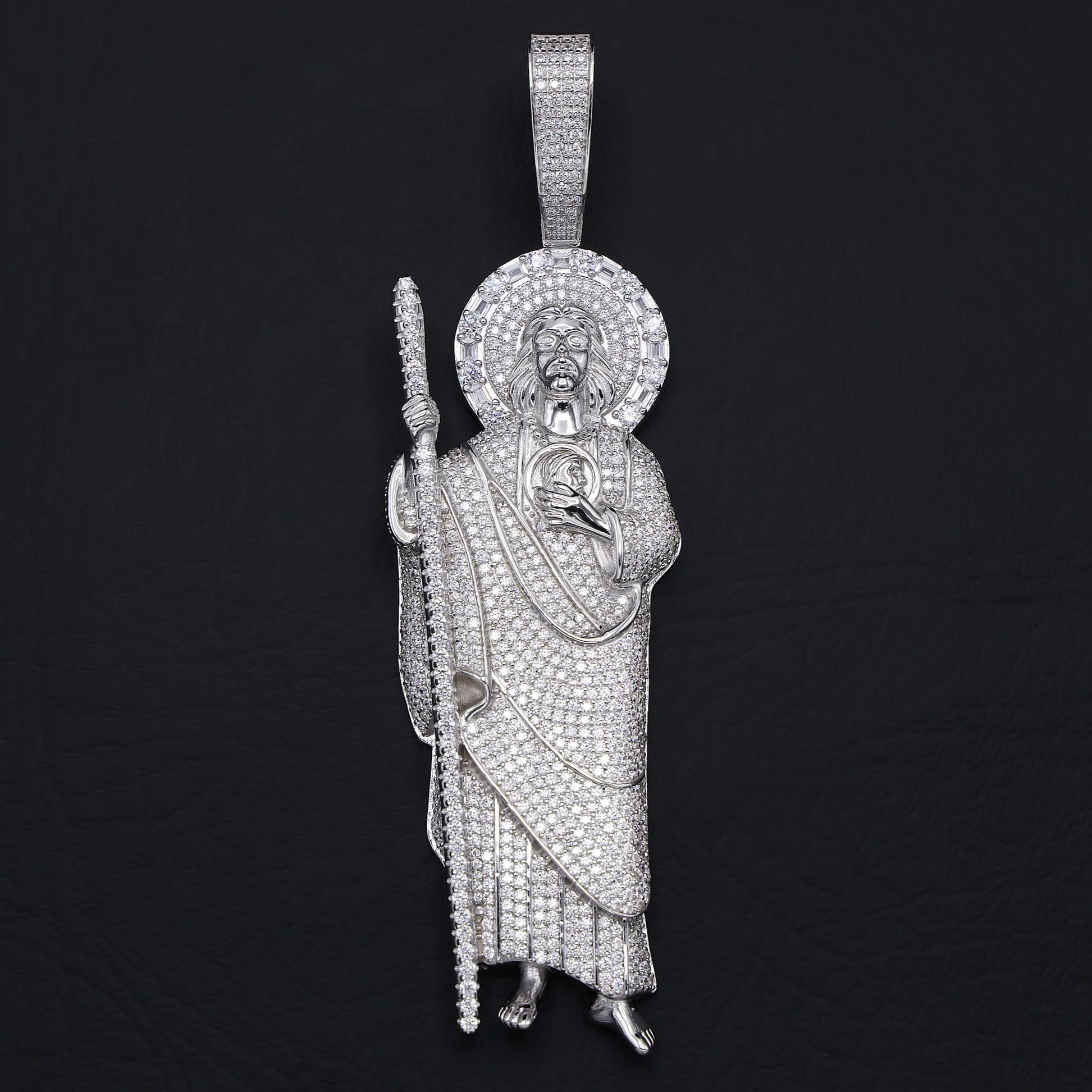 XL Fully Iced Moissanite San Judas Pendant - 925 Silver - Image 2